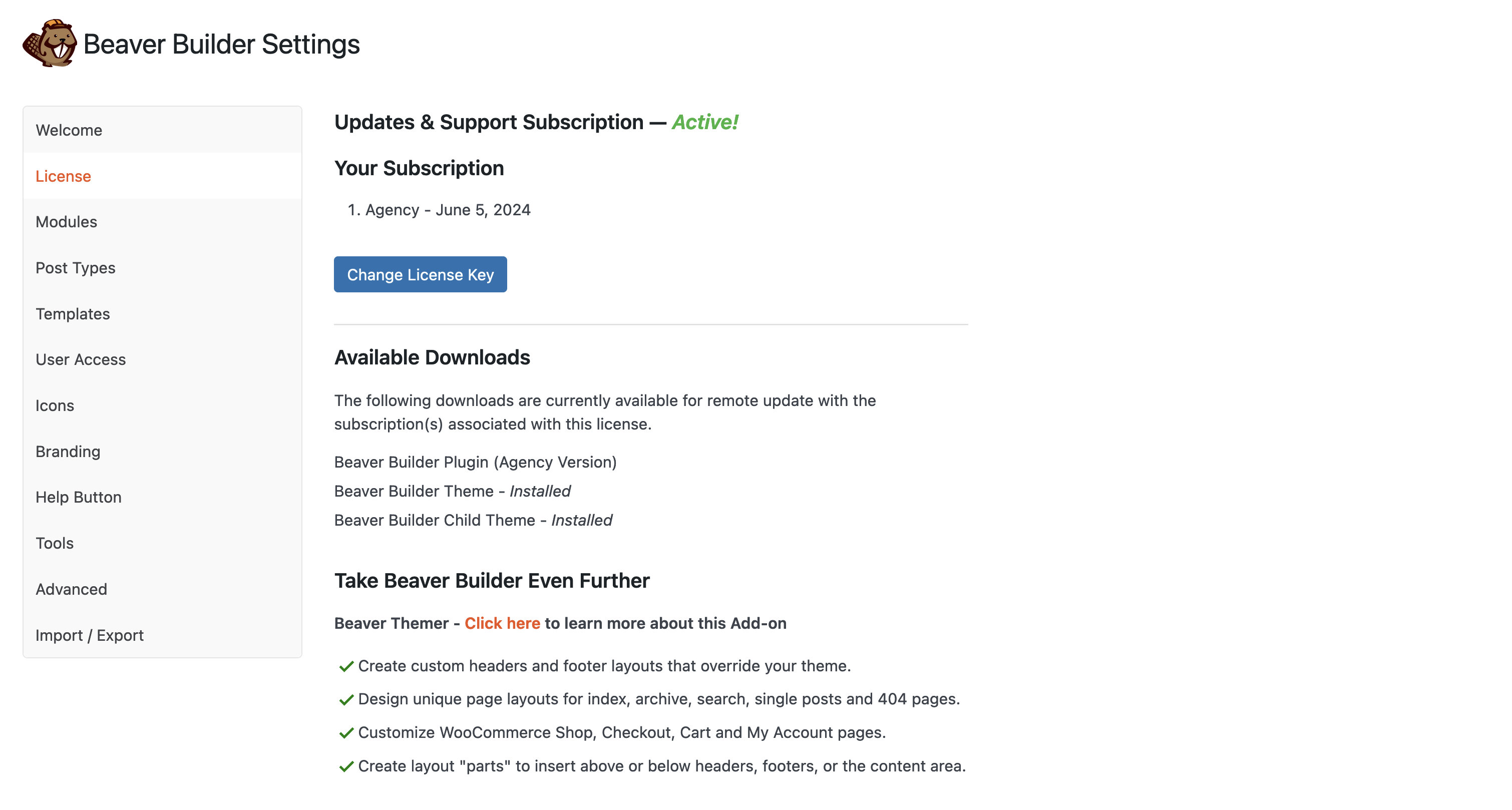 Access the Beaver Builder setting's license tab